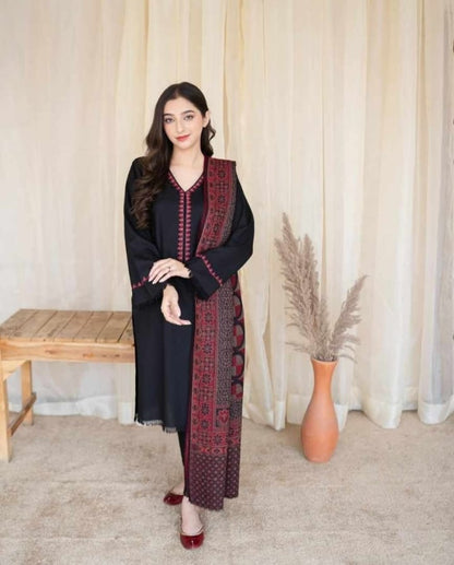 femalechoice Fcc-883 Black Dhanak Embroidered three piece With  Woolen Duppata