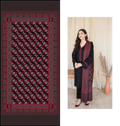 femalechoice Fcc-883 Black Dhanak Embroidered three piece With  Woolen Duppata