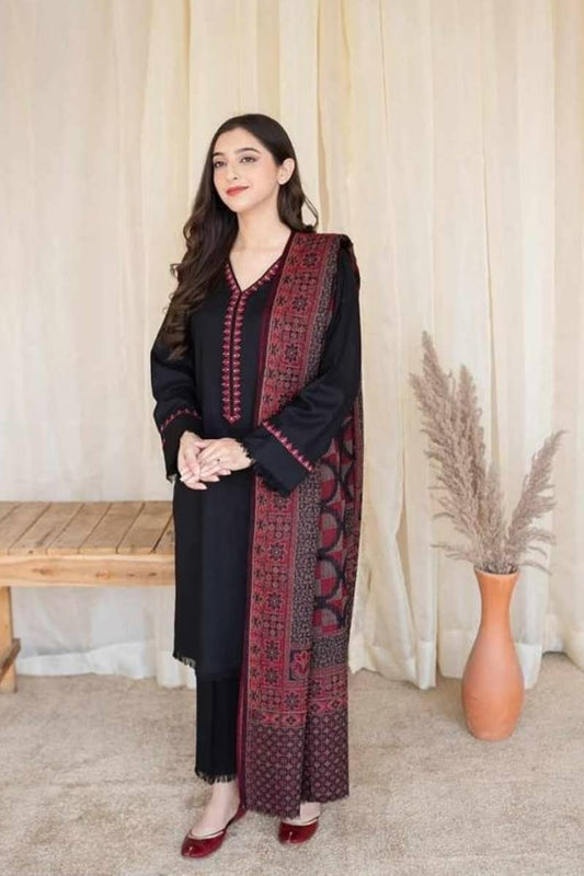 femalechoice Fcc-883 Black Dhanak Embroidered three piece With  Woolen Duppata