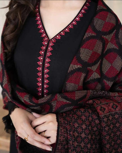 femalechoice Fcc-883 Black Dhanak Embroidered three piece With  Woolen Duppata